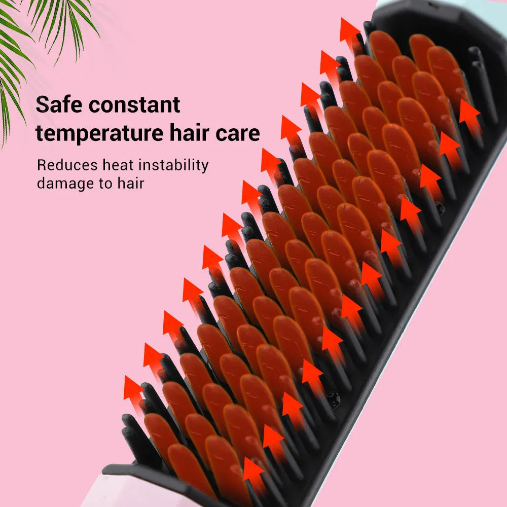 Pink cordless straightening brush with wide nylon teeth and an anti-scald shell on a bathroom counter.