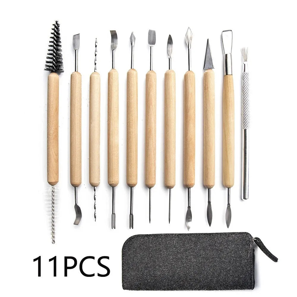 11-piece clay pottery tool set with wooden handles and stainless steel working ends