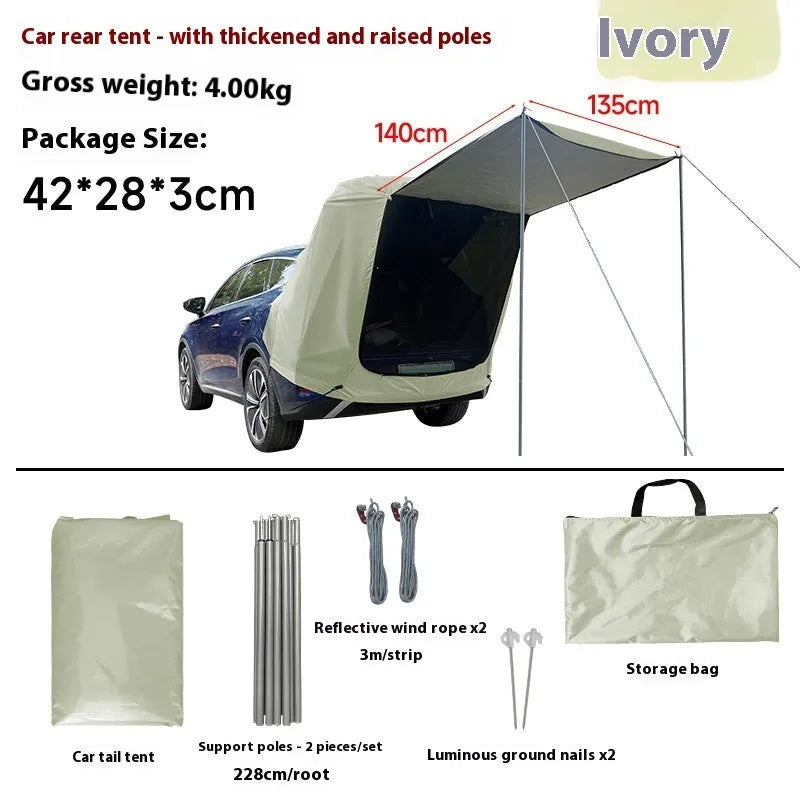 Outdoor camping rear tent roof extension with jackstay and reflective wind rope, packed size 42 x 28 x 3 cm