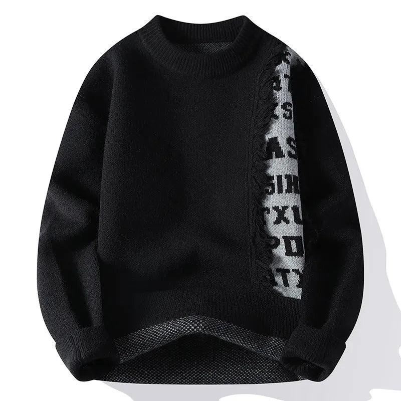 Men's loose grey knitted pullover with ribbed hem, long sleeves, and a casual fit on a hanger.