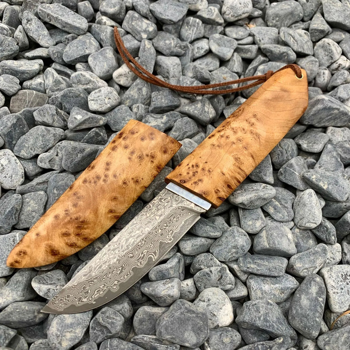 Outdoor Damascus pattern steel short knife with Thuja wood handle measuring 18cm