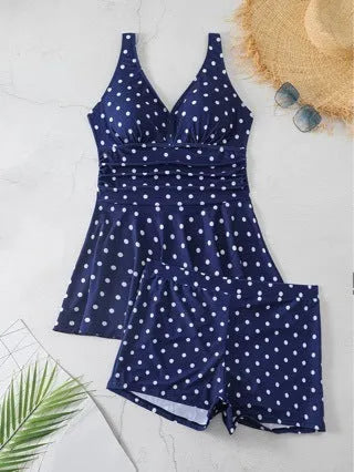 Women's blue polka dot print plus size swimsuit with skirt and separate bikini top
