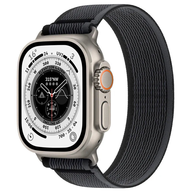 Nylon Apple Watch band with single ring strap closure in multiple colour options on a wrist