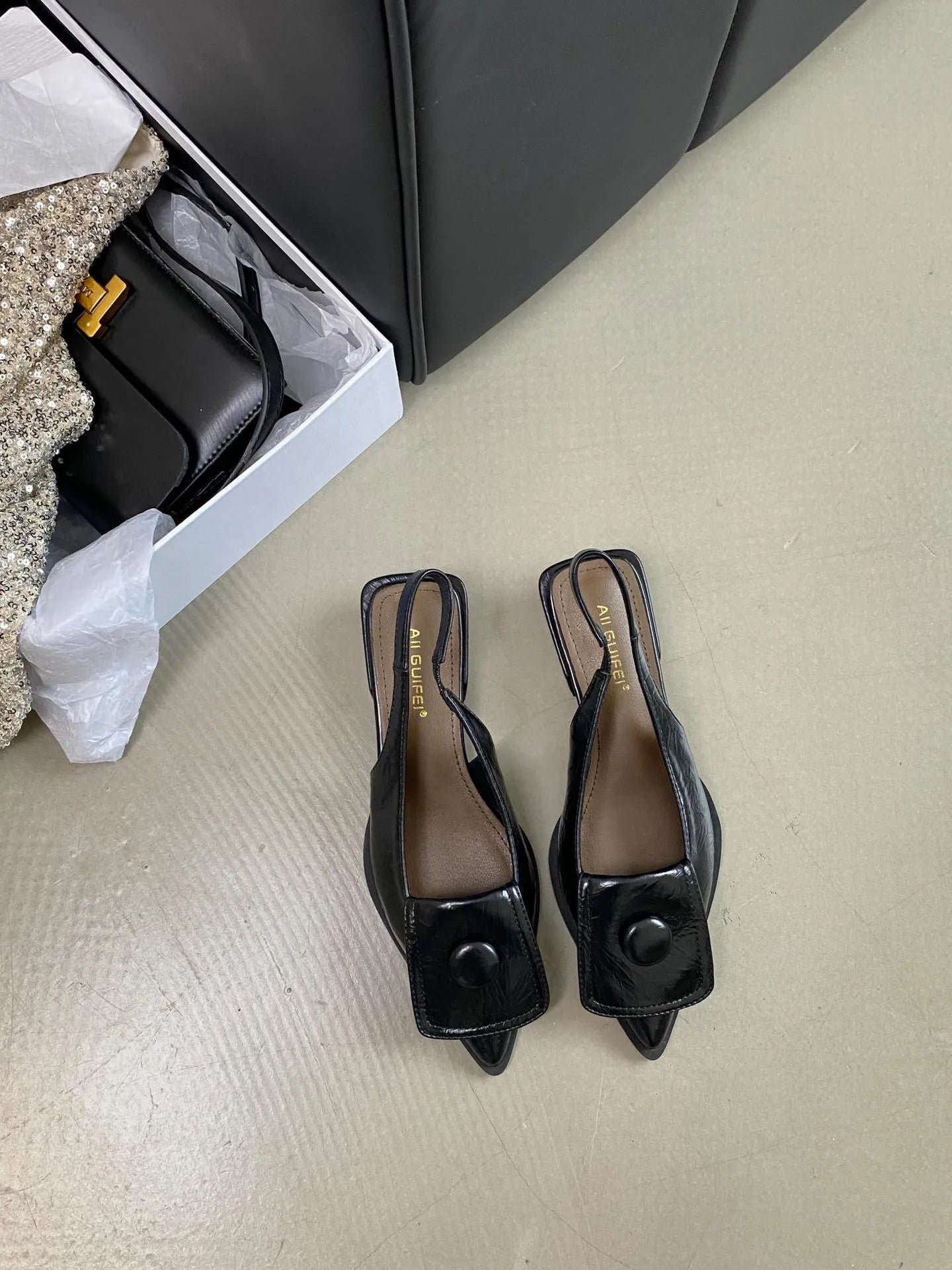 Women's pointed toe low heel sandals with back strap in apricot colour
