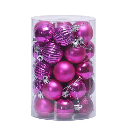 Assortment of 34 round 4cm plastic Christmas baubles in gold, silver, red, blue, and other colours.