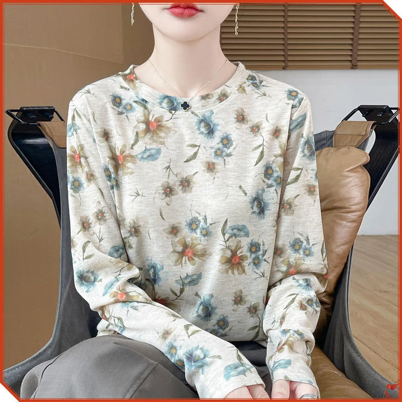 Women's round neck Tencel cotton pullover with floral print in five colourways, featuring a moderate thickness knit fabric suitable for layering or wearing alone in sizes M to XXL.