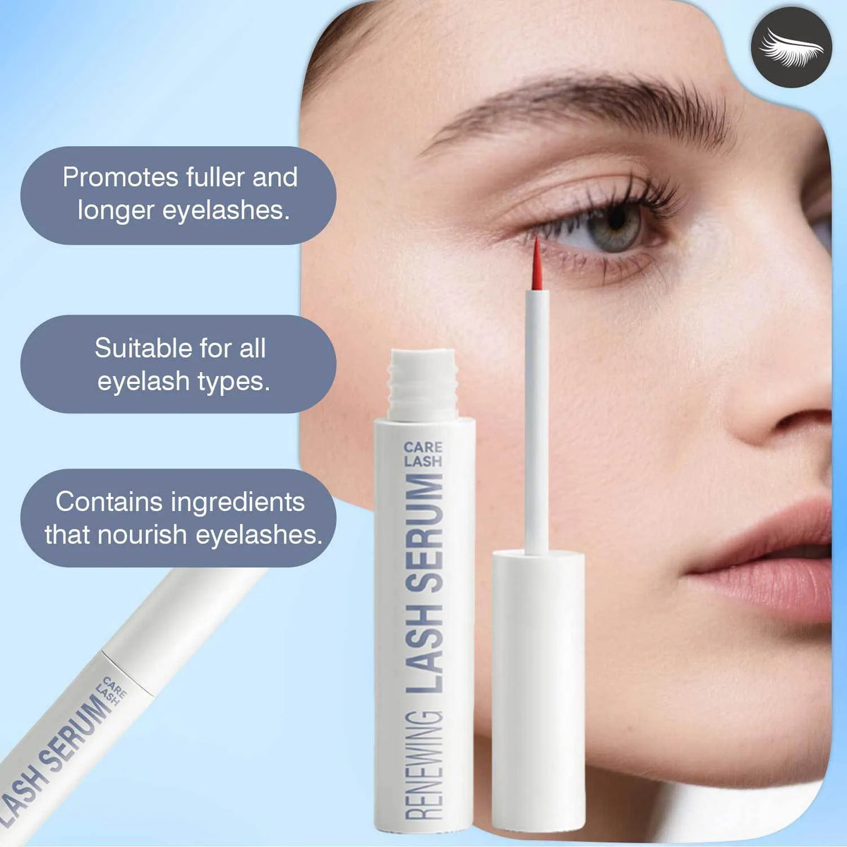 5ml eyelash regrowth serum bottle with neutral packaging showing FP-E015 specifications