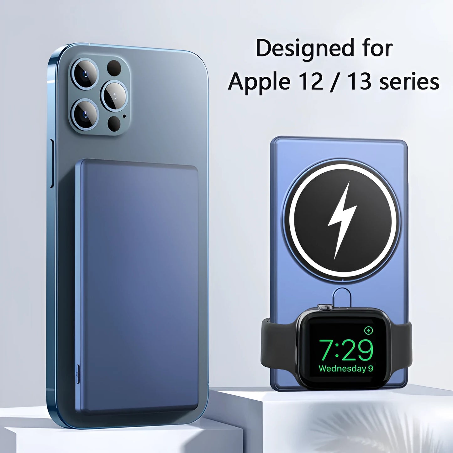 Black ultra-thin magnetic wireless charging power bank showing iPhone attached and iWatch cable connected