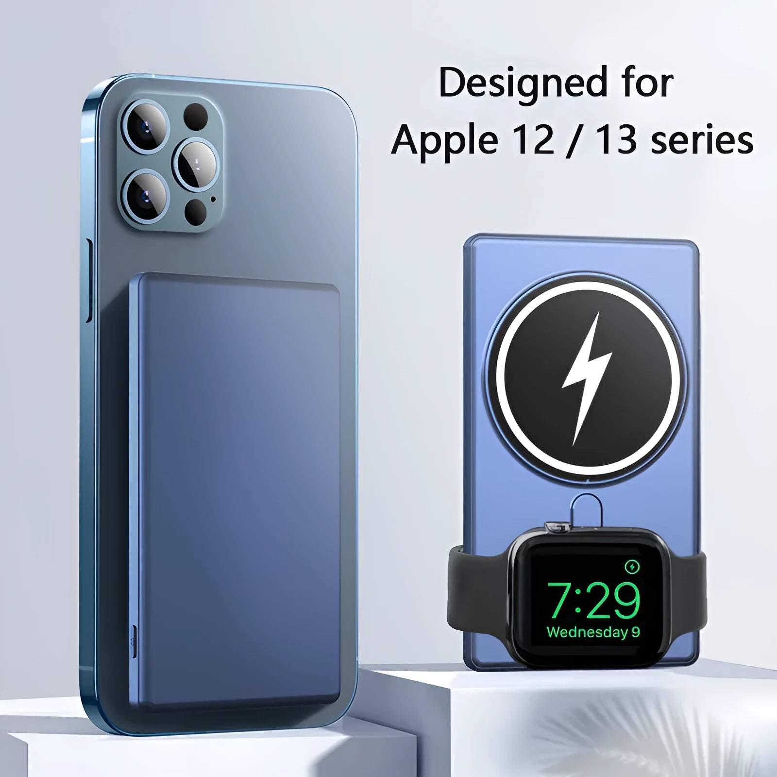 Black ultra-thin magnetic wireless charging power bank showing iPhone attached and iWatch cable connected