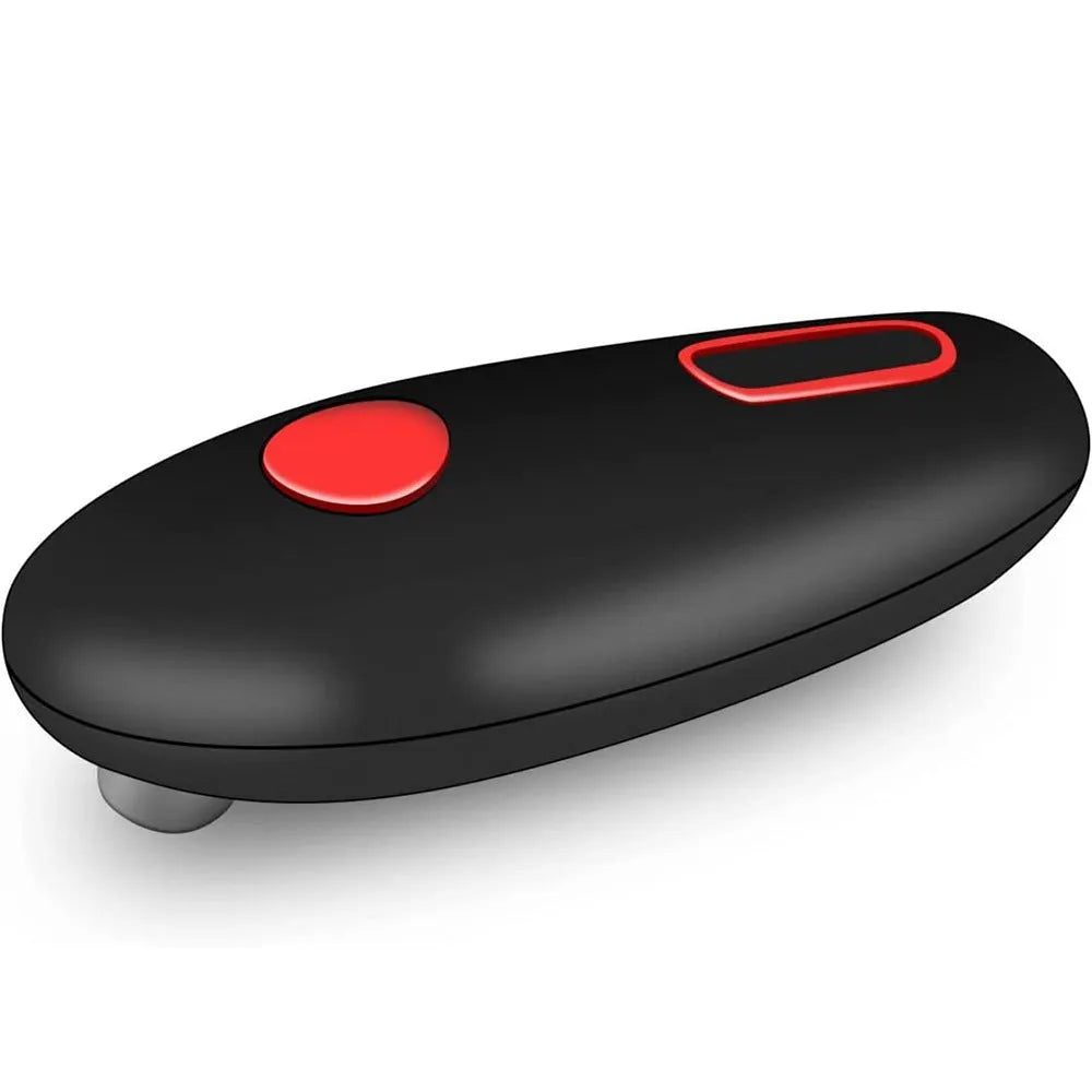 Black plastic electric can opener for hands-free opening of cans, jars, and bottles.