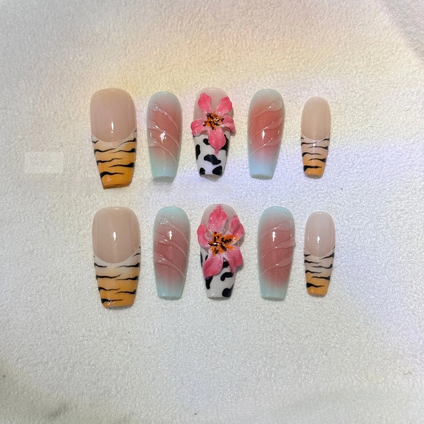 Zebra pattern lily hand carving artificial nails with embossed leopard print design