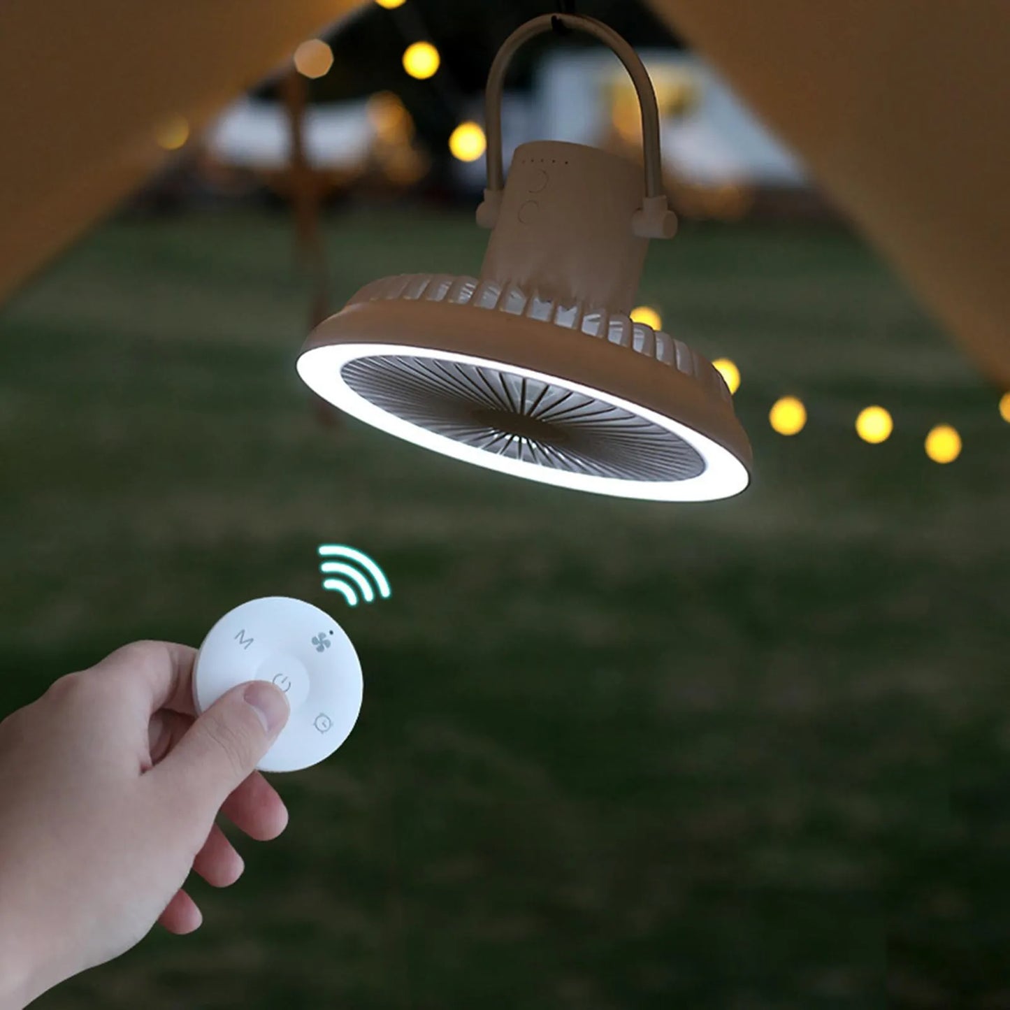 White camping fan mounted on aluminum tripod with Type-C charging cable