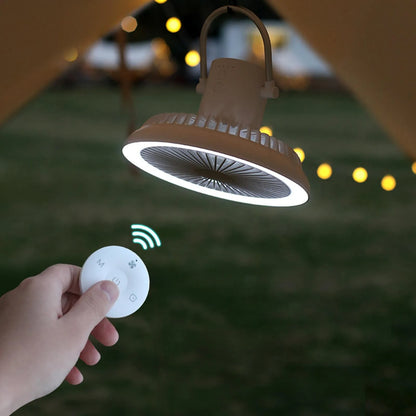 White camping fan mounted on aluminum tripod with Type-C charging cable