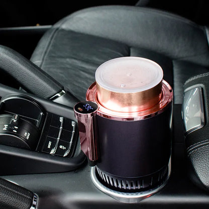 Black 12V car heating and cooling cup with digital display in a vehicle cup holder.
