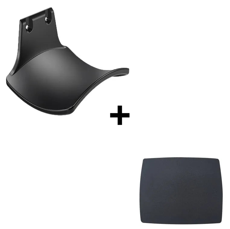 Black ABS plastic universal wall hanging rack for game controllers with adhesive pad and screws.