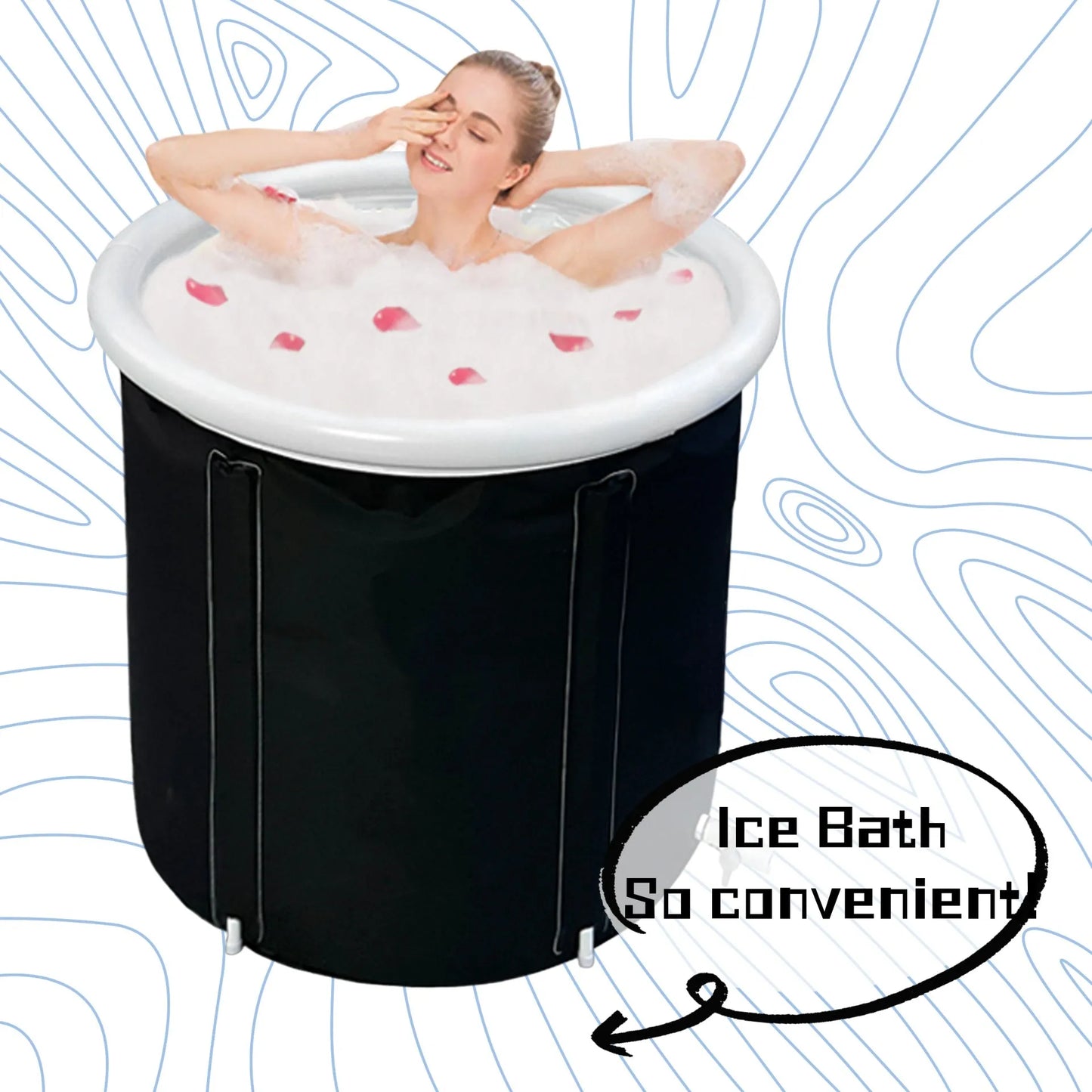 Black portable inflatable ice bath with 70x80cm internal space and triple-layered insulated fabric