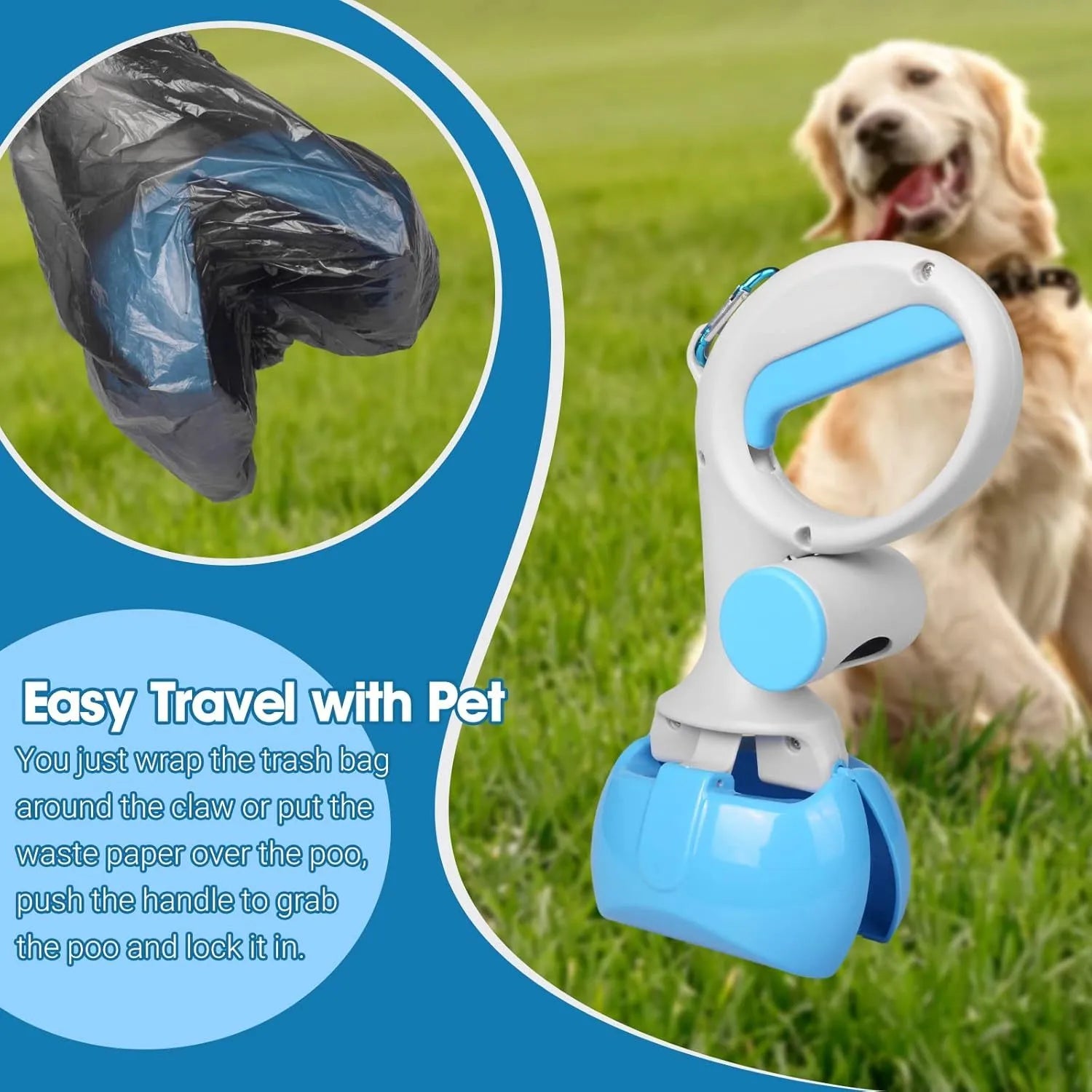 A black ABS plastic pooper scooper with a built-in waste bag holder and a top carrying hook.