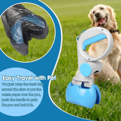 A black ABS plastic pooper scooper with a built-in waste bag holder and a top carrying hook.