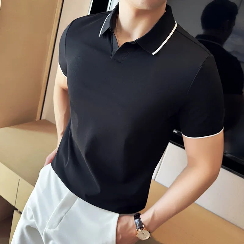 Men's solid colour short sleeve polo shirt with lapel collar on a hanger