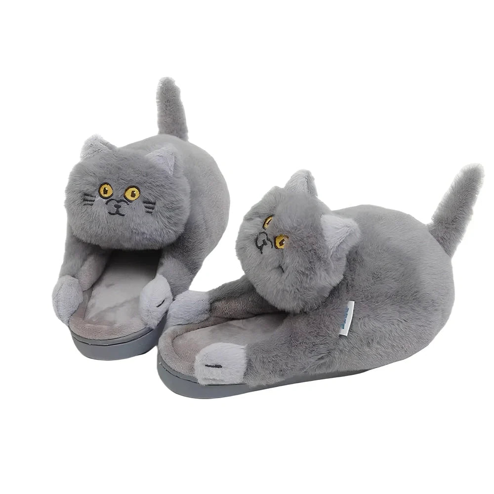 Blue cat pattern cotton slippers with 1.5cm heel and non-slip soles for UK sizes 35-43
