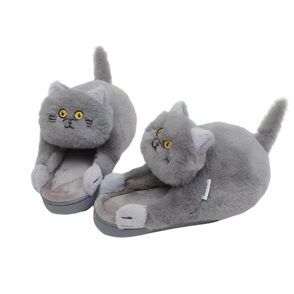 Blue cat pattern cotton slippers with 1.5cm heel and non-slip soles for UK sizes 35-43