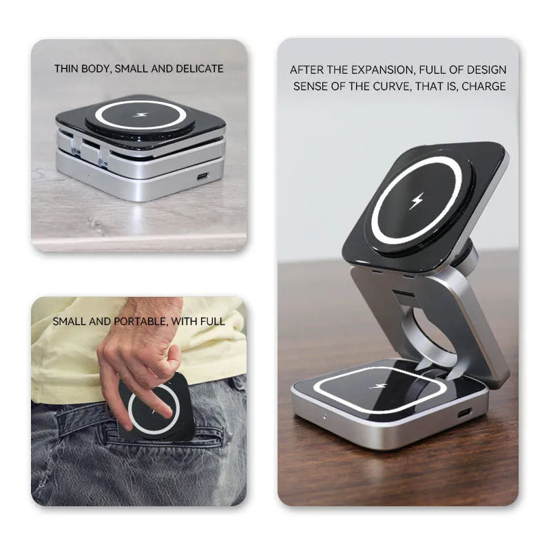 Folding three-in-one wireless charging bracket for Apple Samsung and Google devices with magnetic induction ring