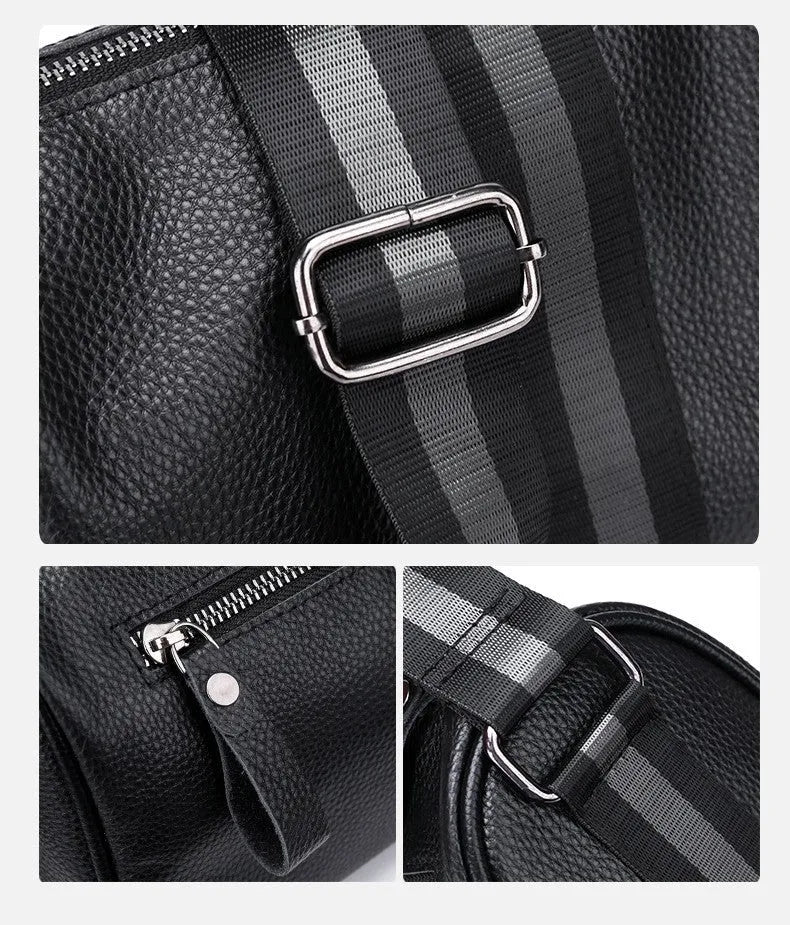 Black genuine leather one-shoulder crossbody bag with large main compartment and polyester lining.