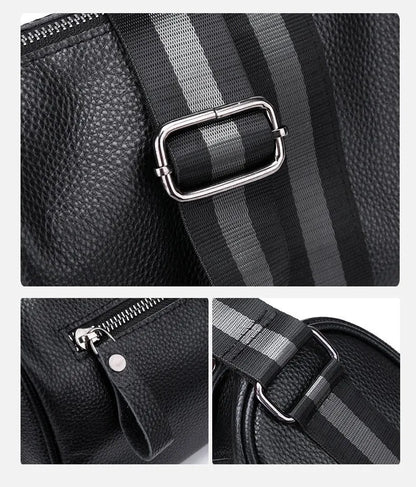 Black genuine leather one-shoulder crossbody bag with large main compartment and polyester lining.