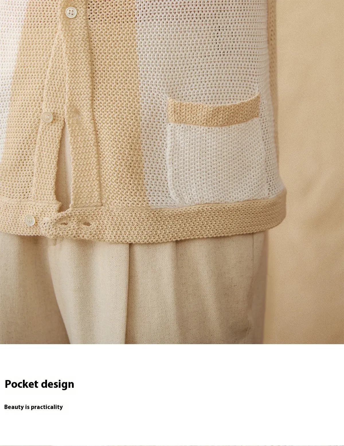 Beige cotton linen blend short-sleeved cardigan with lapel collar shown on hanger
