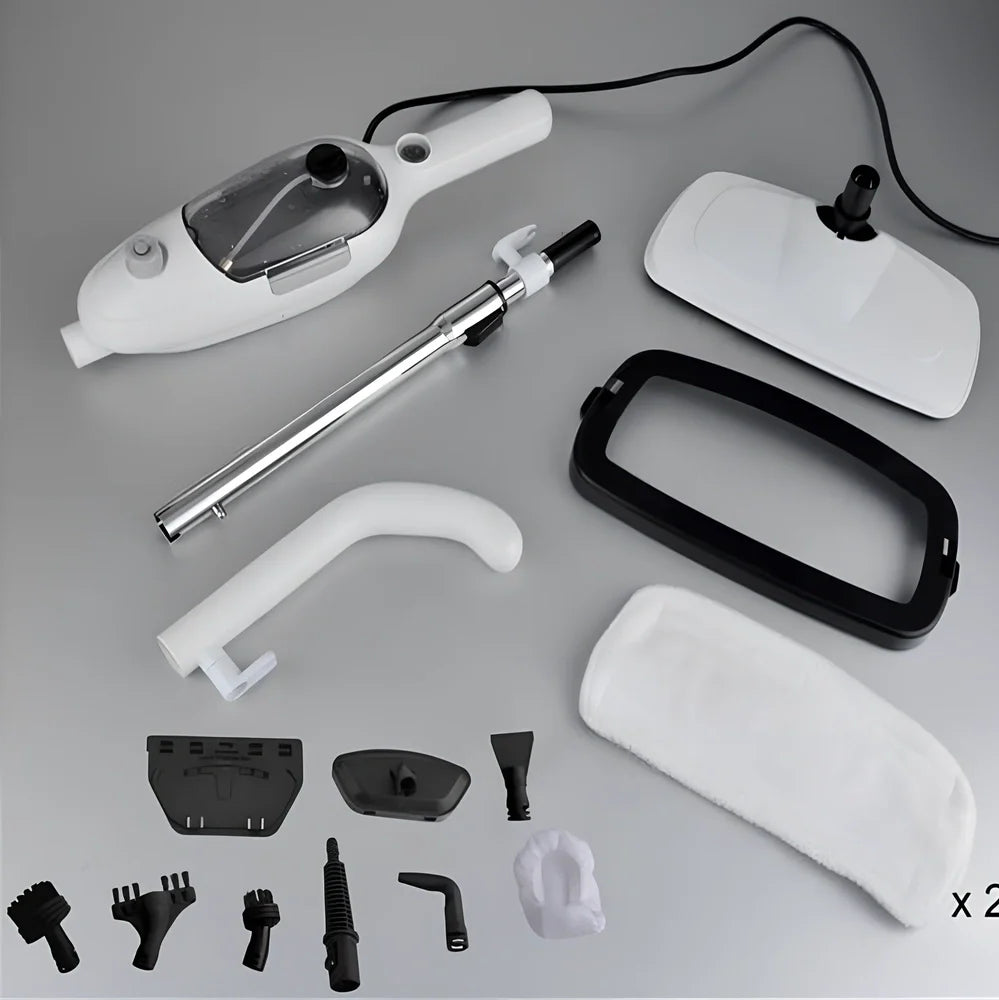 White multifunctional steam mop with 22x29x120cm dimensions, 10-in-1 accessories, and rectangular base for floor cleaning
