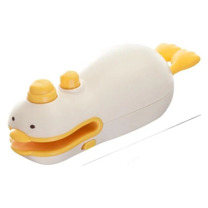 Small yellow duck shaped rechargeable handheld sealing machine with USB cable.