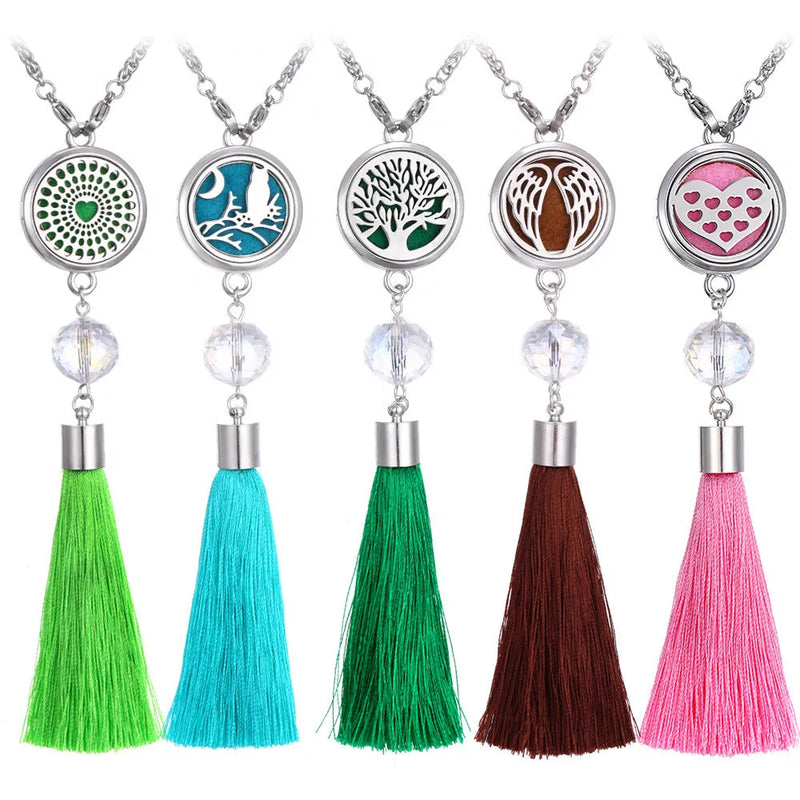 Car air freshener pendant with tassel aromatherapy diffuser necklace for vehicle, made from alloy with 12mm box diameter and 50cm chain length, includes fragrance cotton pads in 01 to 100 colour coded options for custom scent selection