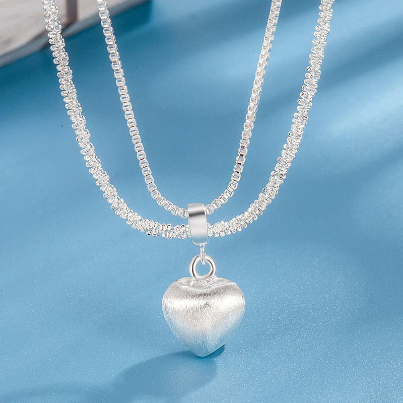 Double layer brushed heart pendant necklace for women with water wave chain