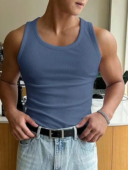 Men's tight-fitting grey sports t-shirt with a round neck, shown flat.