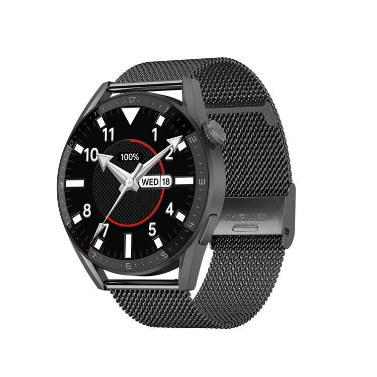 Simple metal smartwatch with black silicone strap and 1.45-inch screen displaying heart rate.