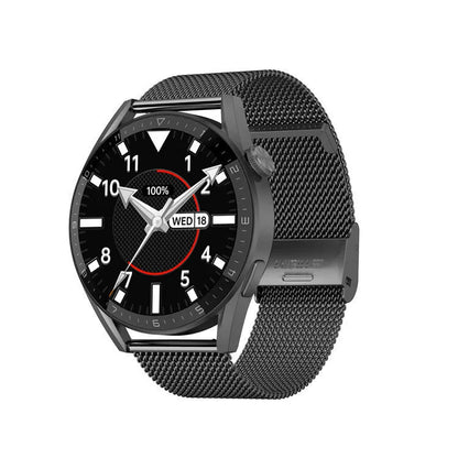 Simple metal smartwatch with black silicone strap and 1.45-inch screen displaying heart rate.