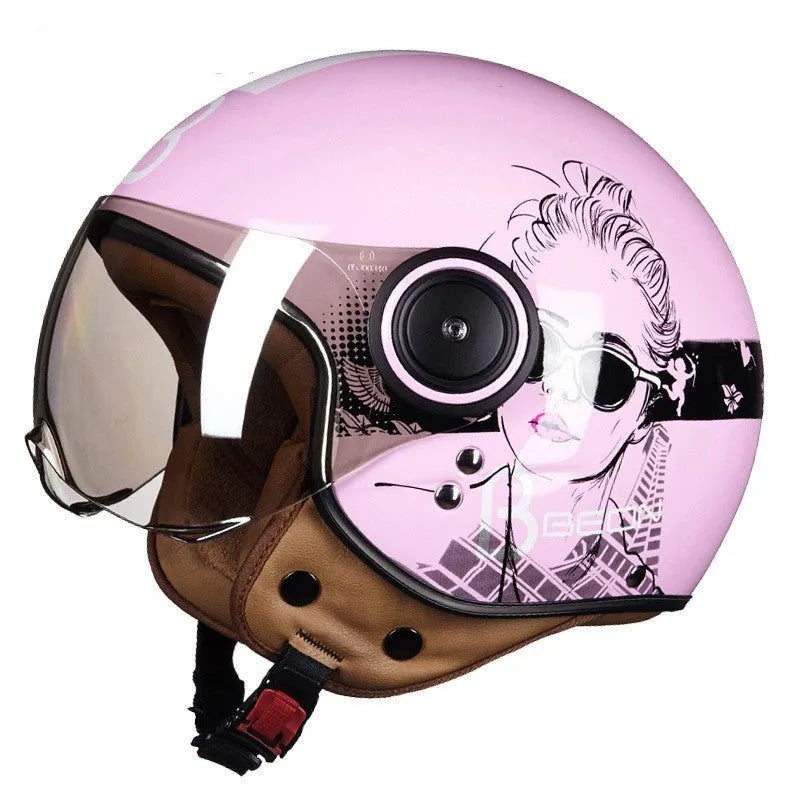 Retro style battery car half helmet in bright two-tone colours with ABS shell