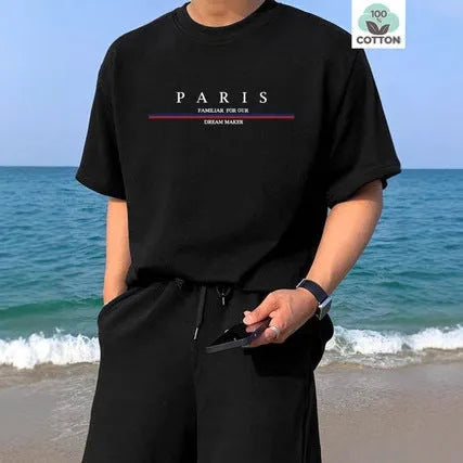 Men's heavyweight pure cotton short-sleeved T-shirt with a printed letter design in a loose fit.