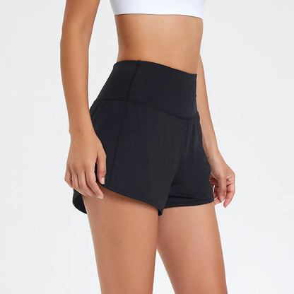 Women's high-waist nylon fitness shorts in black, white, and water blue colours for summer sports