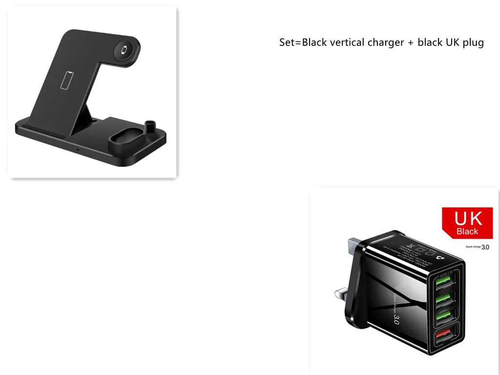 4-in-1 wireless charging station with adjustable magnetic stand charging phone, watch, earbuds, and stylus on a desk