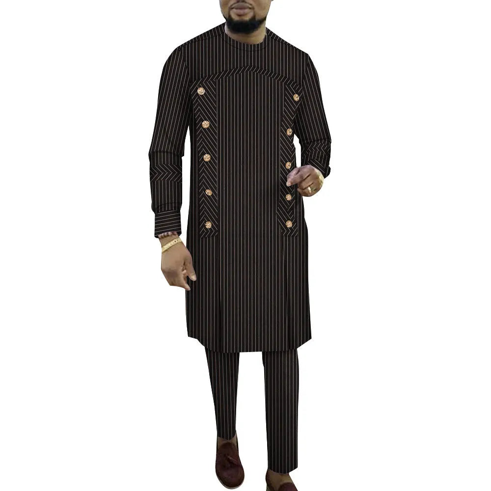Cotton African striped men's long sleeve top and trousers two-piece loungewear set