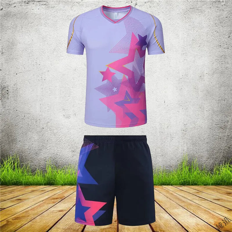 A man and woman modelling a blue and purple badminton sportswear outfit consisting of a short-sleeved top and trousers.