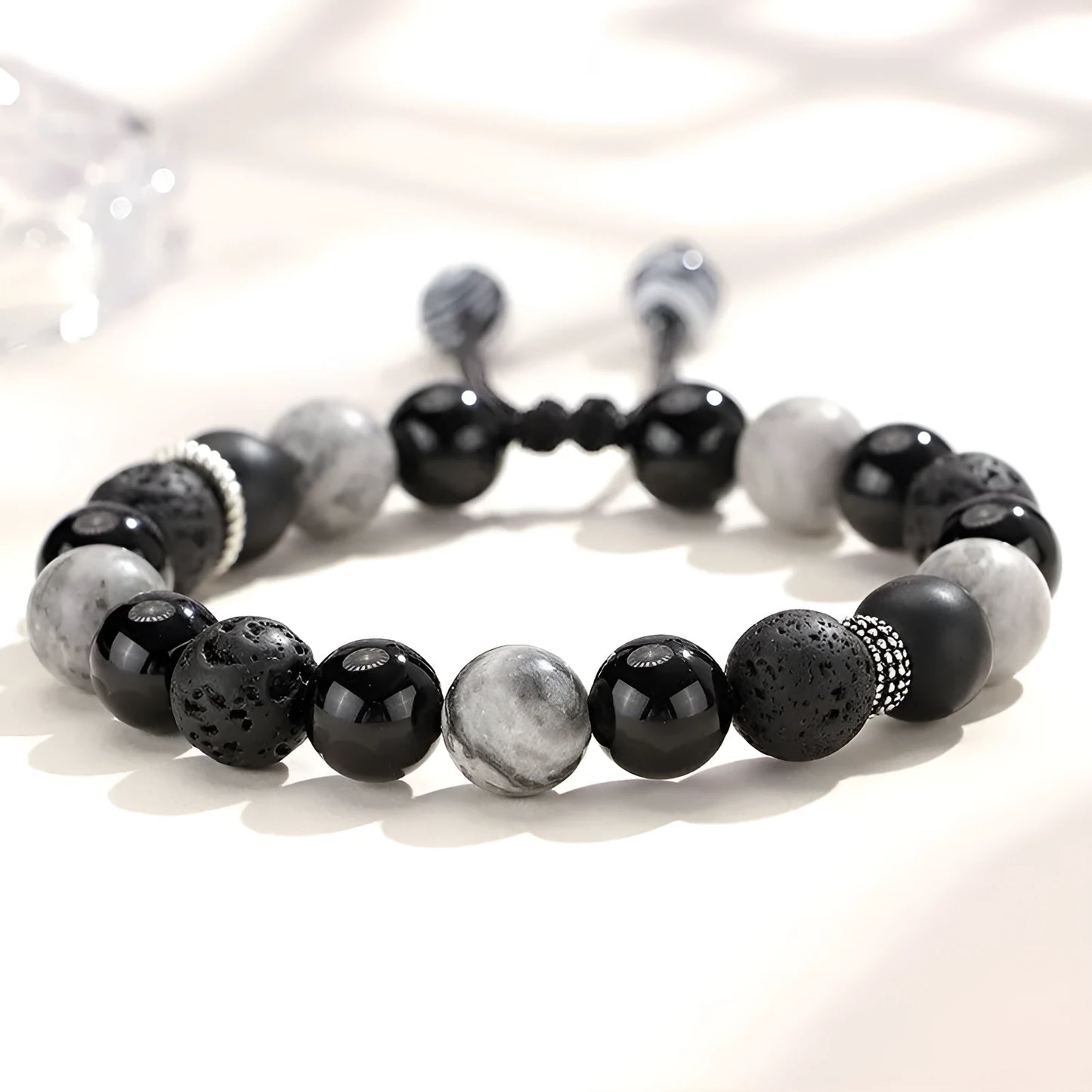 New Chinese Style black agate map stone volcanic rock bracelet with diamond-shaped stones for men and women.