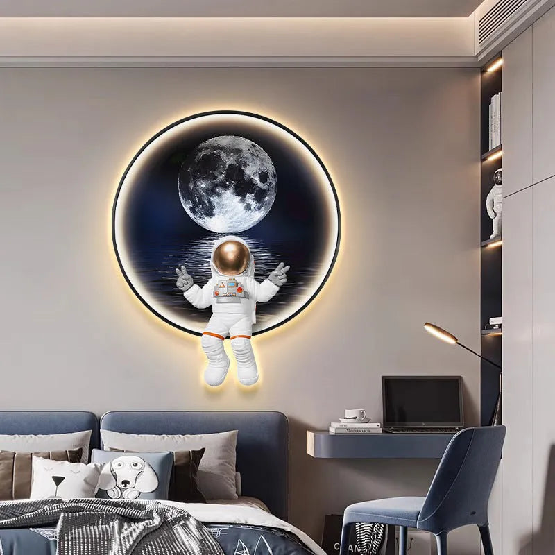 Space-themed children's bedroom wall art painting with bedside lamp, modern canvas wall decoration with USB-powered LED lights, available in Spaceman A, Spaceman B or Spaceman C patterns in small (30x36cm), medium (40x48cm) or large (50x60cm) sizes
