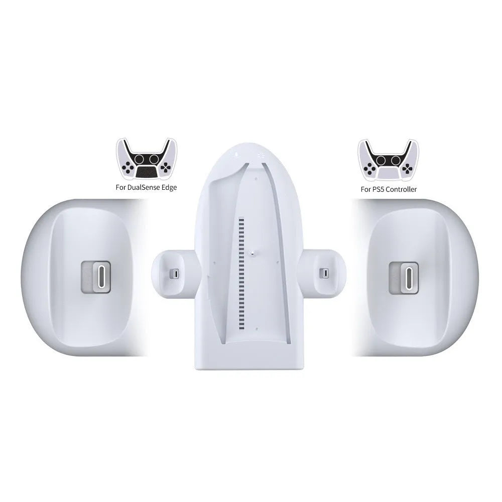 White PS5 Slim multi-function charging dock with cooling fan and RGB ambient lighting.