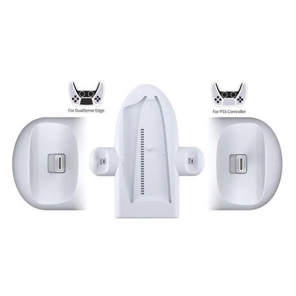White PS5 Slim multi-function charging dock with cooling fan and RGB ambient lighting.