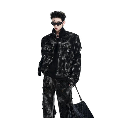 Men's heavyweight washed graffiti jacket and trousers in cotton denim with American street style