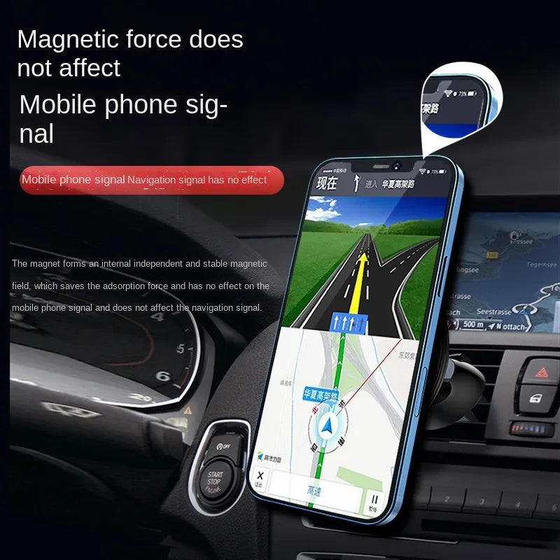 Black aluminium alloy magnetic phone holder attached to a car air vent, showing adjustable ball joint.