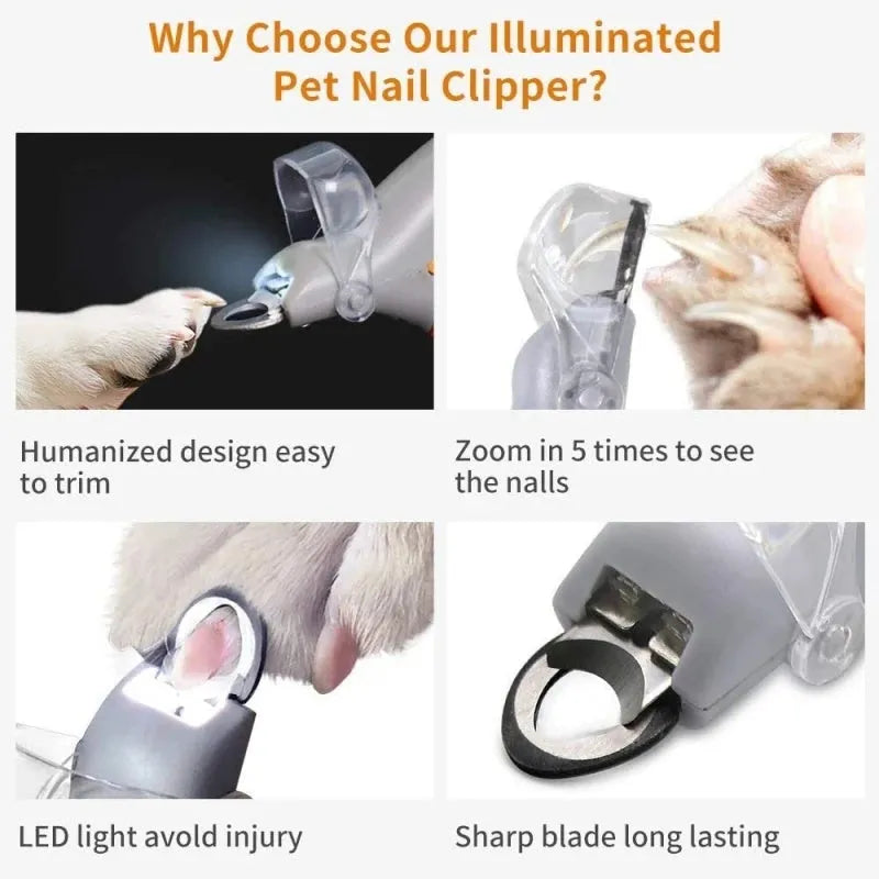 Yellow pet nail clipper with LED light and magnifying glass for dogs and cats