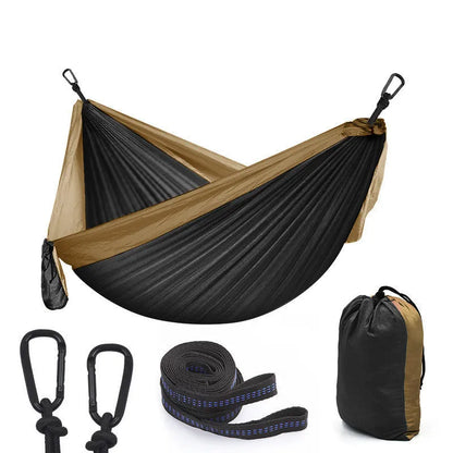 Double camping parachute hammock in colour options including black brown, black red, blue, and orange